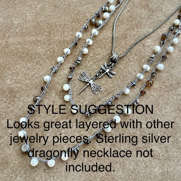 ARTISAN Necklace “Pearly Latte” on Mocha Beige Long Crocheted Wrap - Picture 9 of 12